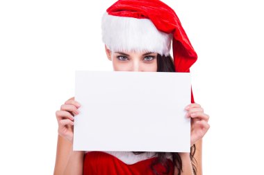 Kadın kırmızı yılbaşı elbise ve şapka tutan bir boş billboard, beyaz arka plan, boşaltmak izole,