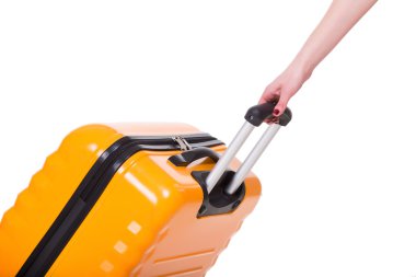 Seyahat çantası ve el beyaz izole kapatmak