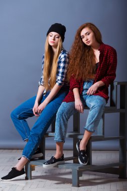 İki güzel seksi genç kız kot pantolon. Moda portre gri arka plan üzerindeki Girlfriends