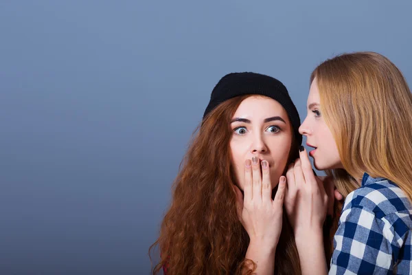 Due giovani ragazze felici che raccontano segreti. Ragazza sorpresa — Foto Stock