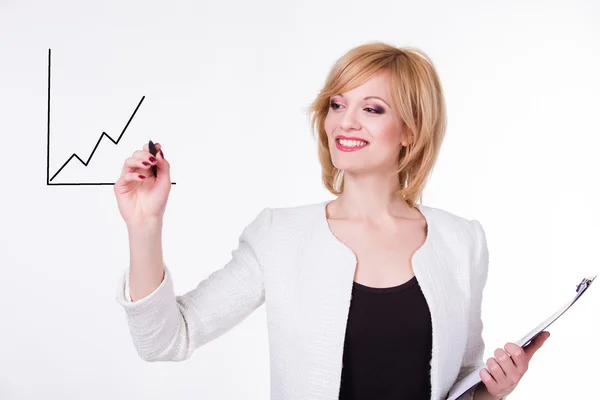 Business, finances and economics - attractive young businesswoman writing a graph. Female on white background — Stok fotoğraf