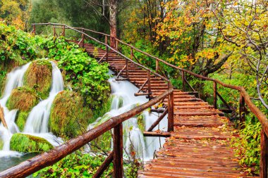 Ahşap sonbahar Plitvice milli parkta yolundaki