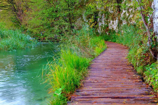 Camino de madera en el parque nacional de Plitvice — Foto de Stock