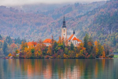 Julian Alpleri 'ndeki Triglav Milli Parkı' ndaki ünlü Bled Gölü Slovenya, Avrupa 'da sonbahar renklerinde bir ormanla