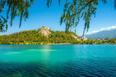 Slovenya 'daki güzel şatonun arka planında Juliet Alpleri ile yaz mevsiminde Cozy Lake Bled