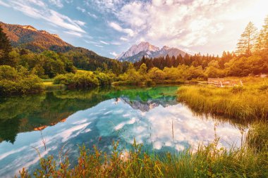 Slovenya 'da gün batımında Kranjska Gora yakınlarındaki Triglav Ulusal Parkı' ndaki Julia Alplerinde güzel Zelenci Gölü