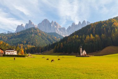 Güzel Dolomitler, Odle sıradağları, Santa Maddalena köyü yakınlarındaki Seceda dağları, Trentino Alto Adige ili, Güney Tyrol, İtalya 'daki Val di Funes vadisi
