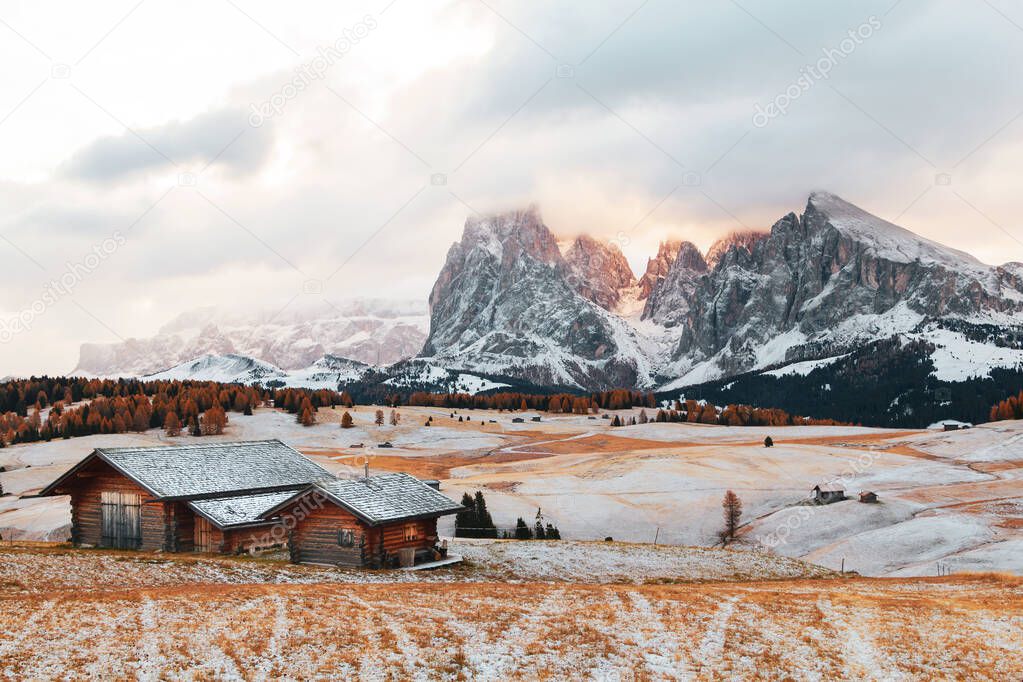 Winter landscape, alpine meadow and wooden house the Alpe di Siusi or Seiser Alm the Langkofel group mountains with Bolzano province, south Tyrol in Dolomites at Italy,Europe