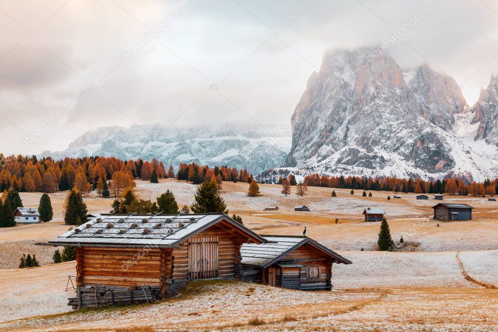 Winter landscape, alpine meadow and wooden house the Alpe di Siusi or Seiser Alm the Langkofel group mountains with Bolzano province, south Tyrol in Dolomites at Italy,Europe
