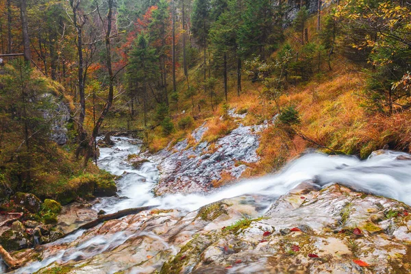 德国巴伐利亚省阿尔高阿尔卑斯省靠近德奥边境的贝尔切斯特加登国家公园 巨大的瀑布呈现美丽的秋天色彩 — 图库照片