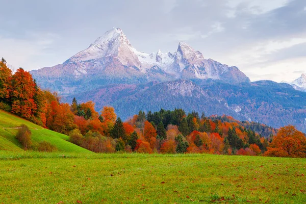 德国巴伐利亚一个舒适的贝奇斯加登小镇附近 著名的沃兹曼山脉背景中典型的秋天色彩美丽的山景 — 图库照片