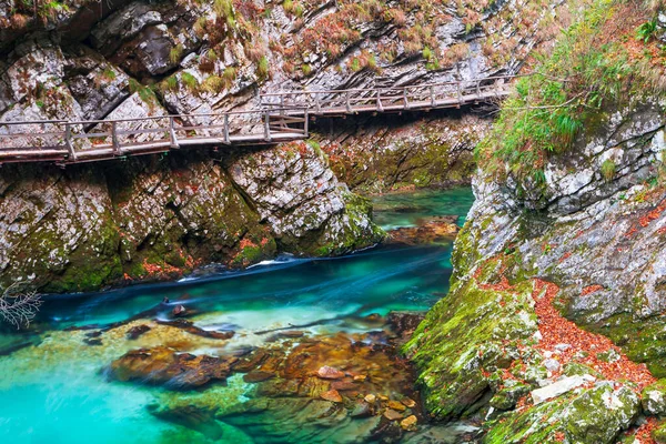 Beroemde Geliefde Vintgar Gorge Canyon Met Houten Pad Prachtige Herfstkleuren — Stockfoto