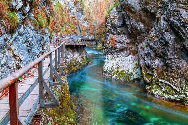 Famous Beloved Vintgar Gorge Canyon Wooden Path Beautiful Autumn Colors — Stock Photo, Image