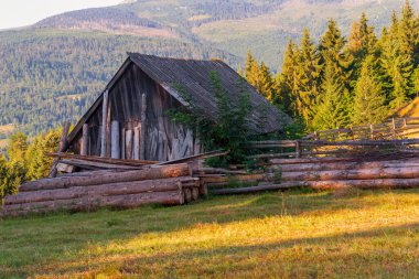 Typical Transylvanian mountains, lonely wooden house and wooden fence on the hillside, Bihor Mountains, Carpathian Mountains  in Romania