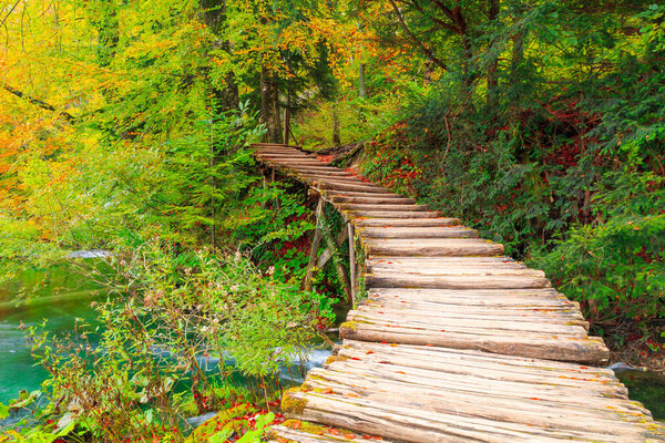 Beautiful autumn colors at the famous Plitvice lakes, many beautiful waterfalls, Plitvice National Park in Croatia