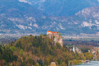 Slovenya 'daki Julian Alpleri' ndeki Triglav Ulusal Parkı 'ndaki kilise ve şatoyla adanın ortasında Bled Gölü