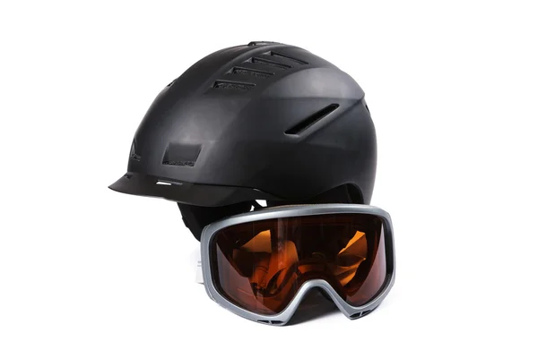 黑色的滑雪和滑雪板头盔和眼镜 — 图库照片