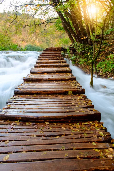 Camino de madera en el parque nacional de Plitvice — Foto de Stock