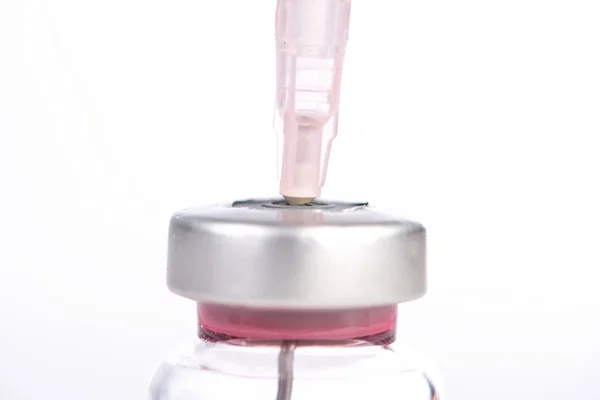 Injection syringe put in medicine vial show medicine and laborat — Stock Photo, Image