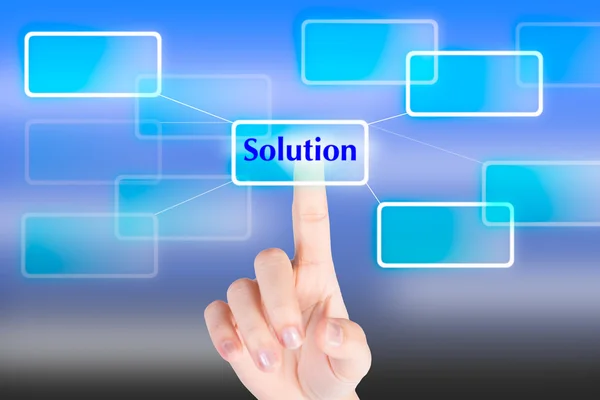 Hand pressing "Solution"  button with technology background — Stock Photo, Image