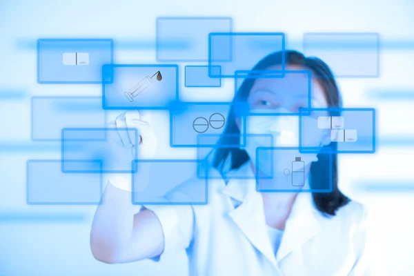 Technician pressing  button on computer with medical touch scree — Stock Photo, Image