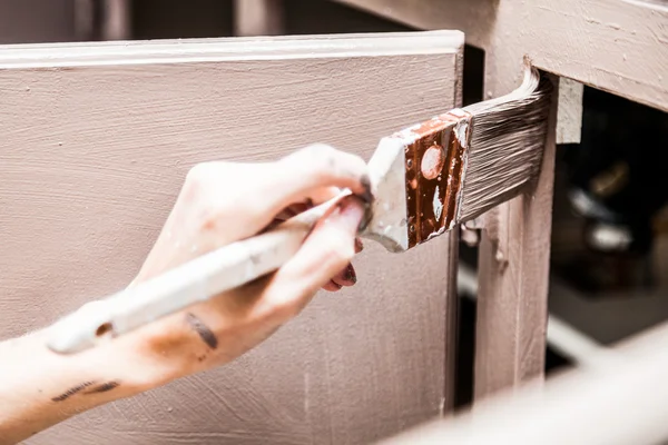 Closeup of Person Painting Kitchen Cabinets — Stock Photo, Image