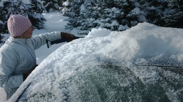 Femme enlevant la neige de la voiture — Video