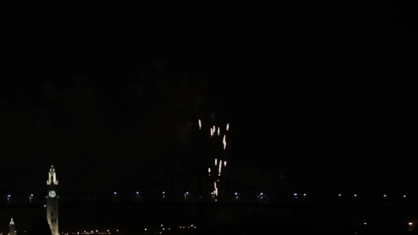 Фейерверк ночью над мостом — стоковое видео