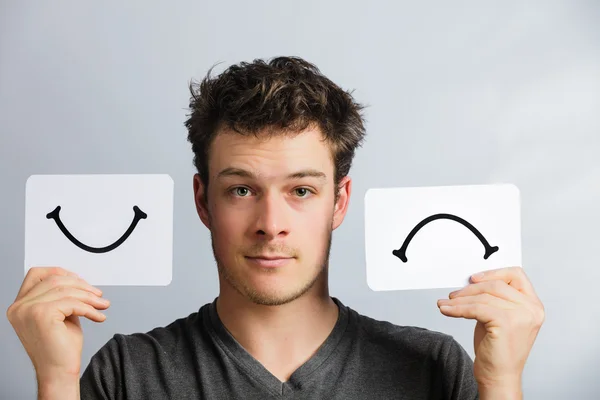 Portrait of a Person Holding Happy and Unhappy Mood Board — Stock Photo, Image