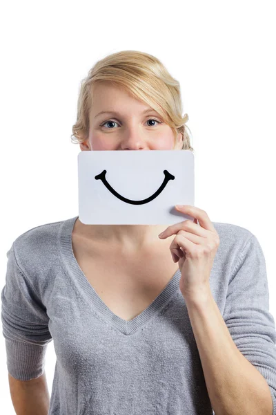 사람의 웃는 기분 보드를 들고 행복 한 초상화 — 스톡 사진