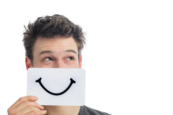 Feliz retrato de alguém segurando uma placa de humor sorridente — Fotografia de Stock