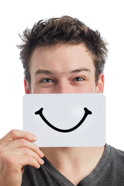 Счастливый портрет человека, держащего доску с кузнечным настроением — стоковое фото