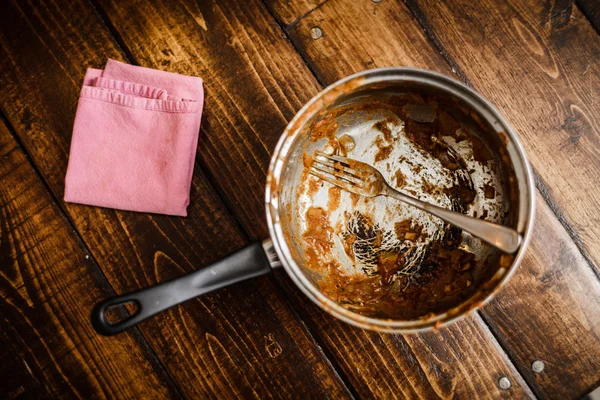 Padella sporca dopo una cena . — Foto Stock