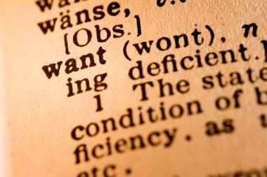 Close-up of an Opened Dictionary showing the Word WANT