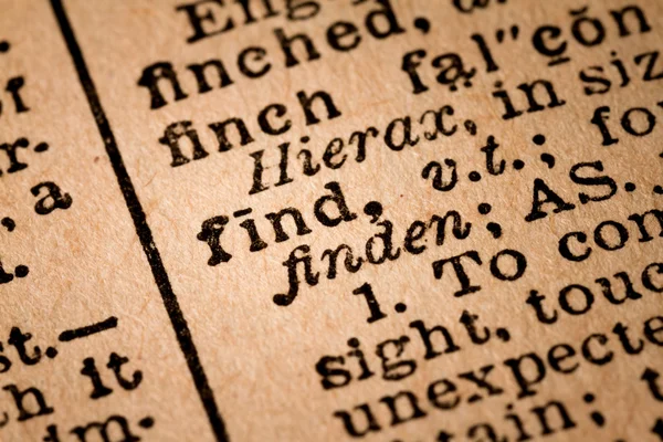 Close-up of an Opened Dictionary showing the Word FIND — Stock Photo, Image