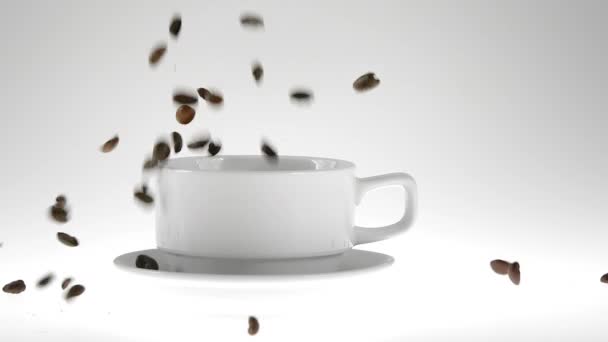 180fps Super Slow Motion Coffee Seeds Falling into White Cup — Stock Video