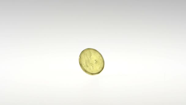 180fps Super Slow Motion Loonie snurrar på en vit bakgrund — Stockvideo