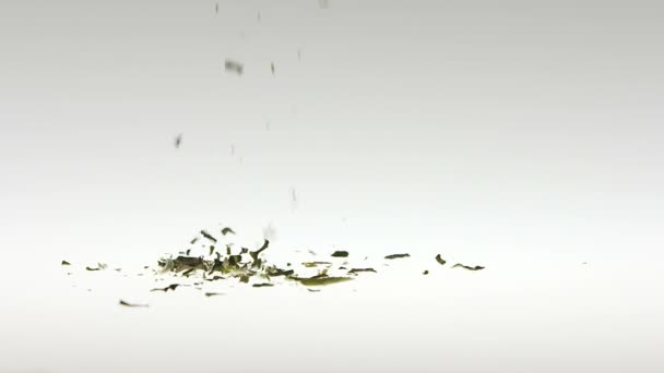 Super Slow Motion Green Tea Falling em fundo branco — Vídeo de Stock