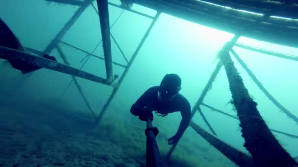 Volný potápěč zkoumání velké podmořské struktury — Stock video