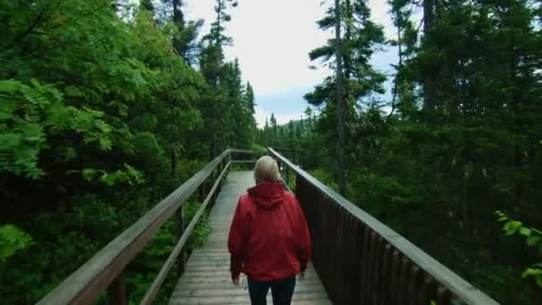 Young Woman Walking on a Boardwalk during a rainy day of Summer — Stockvideo