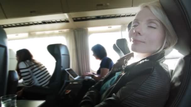 Affärskvinna som sover i ett tåg — Stockvideo