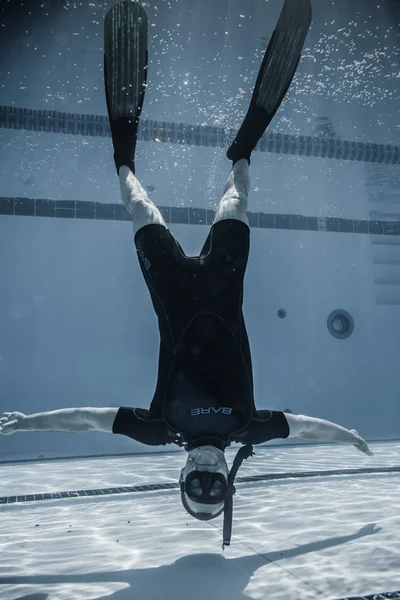 Safety Staff member Upside Down Underwater Between two Performan — 스톡 사진