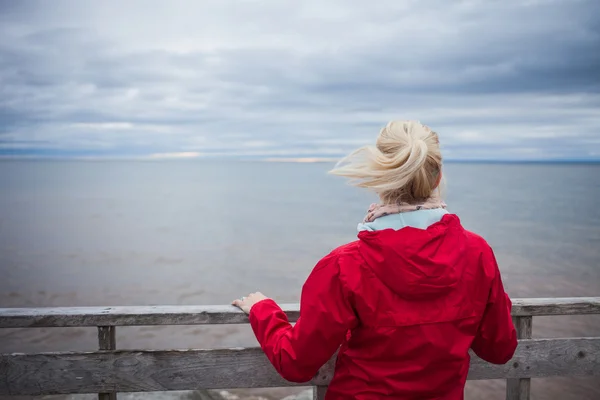 Mujer mirando a la vista del océano — Foto de Stock