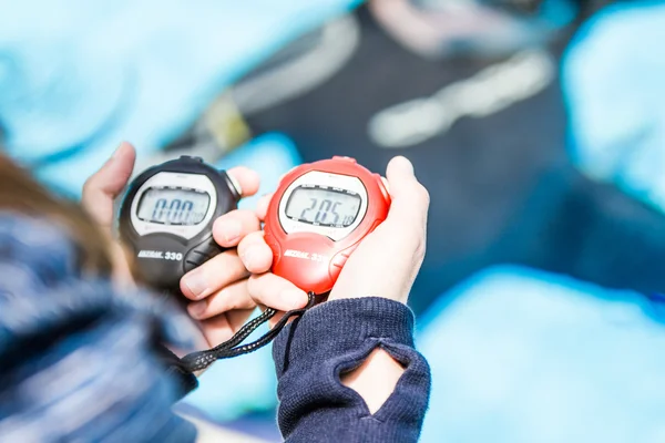 Details of the two Chrono During a Freediving Static Performance — Stock Photo, Image