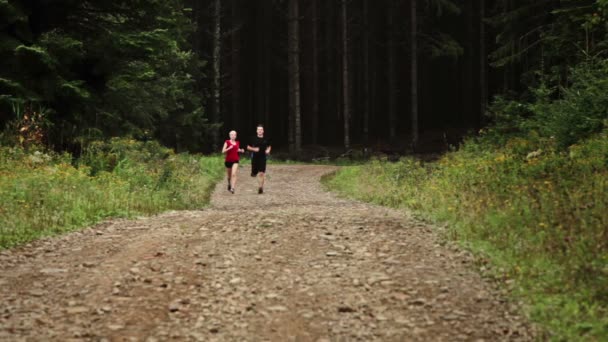 Pareja corriendo sola en el bosque — Vídeos de Stock