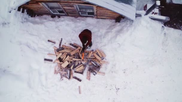 Lumberjack Spliting his Wood — стоковое видео
