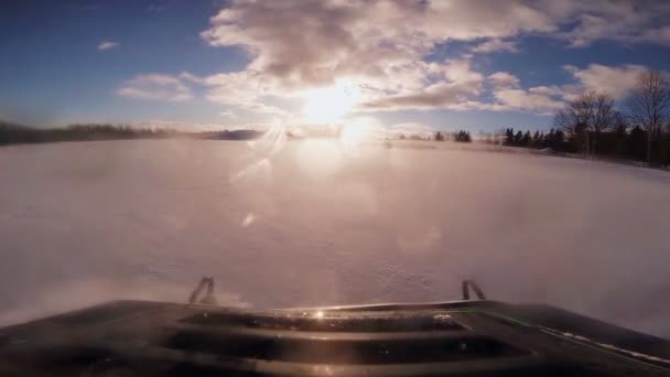 Moto de nieve en movimiento rápido en un sendero forestal — Vídeo de stock