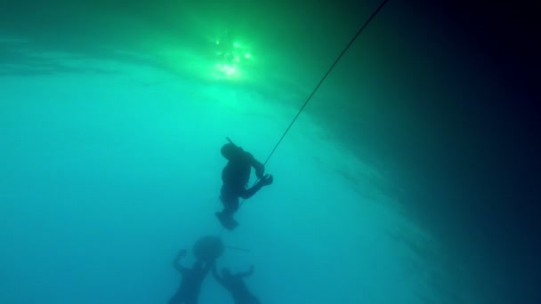 Freedivers buceando en el agua oscura — Vídeos de Stock