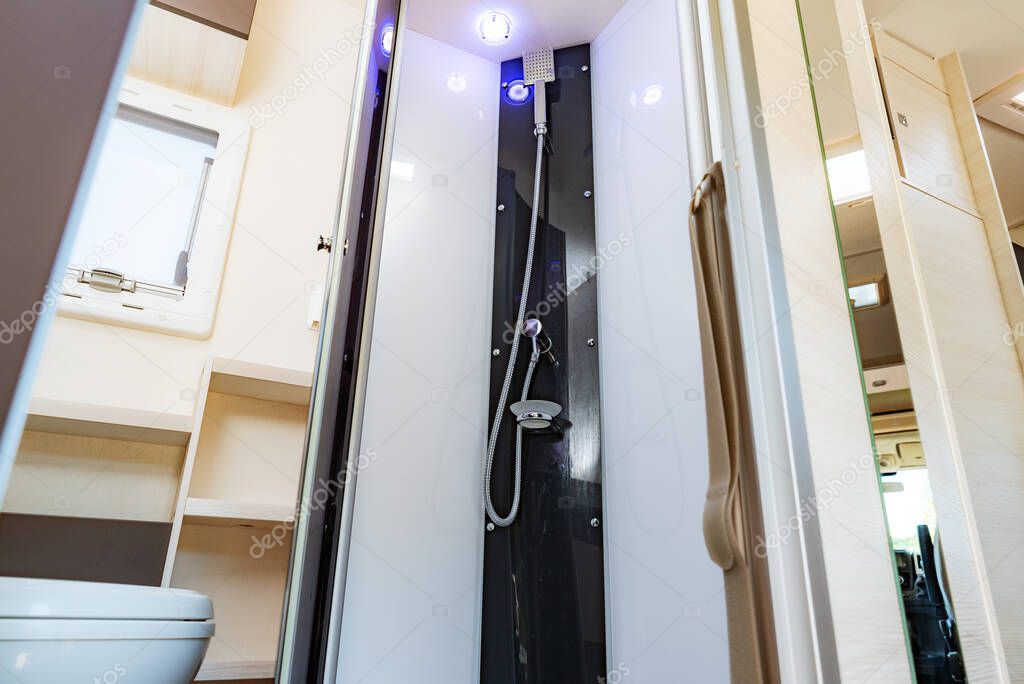 Shower cabin integrated into the interior of a caravan