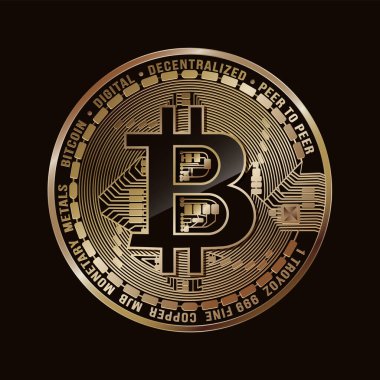 Vektör çizimi, siyah arkaplanda altın bitcoin para